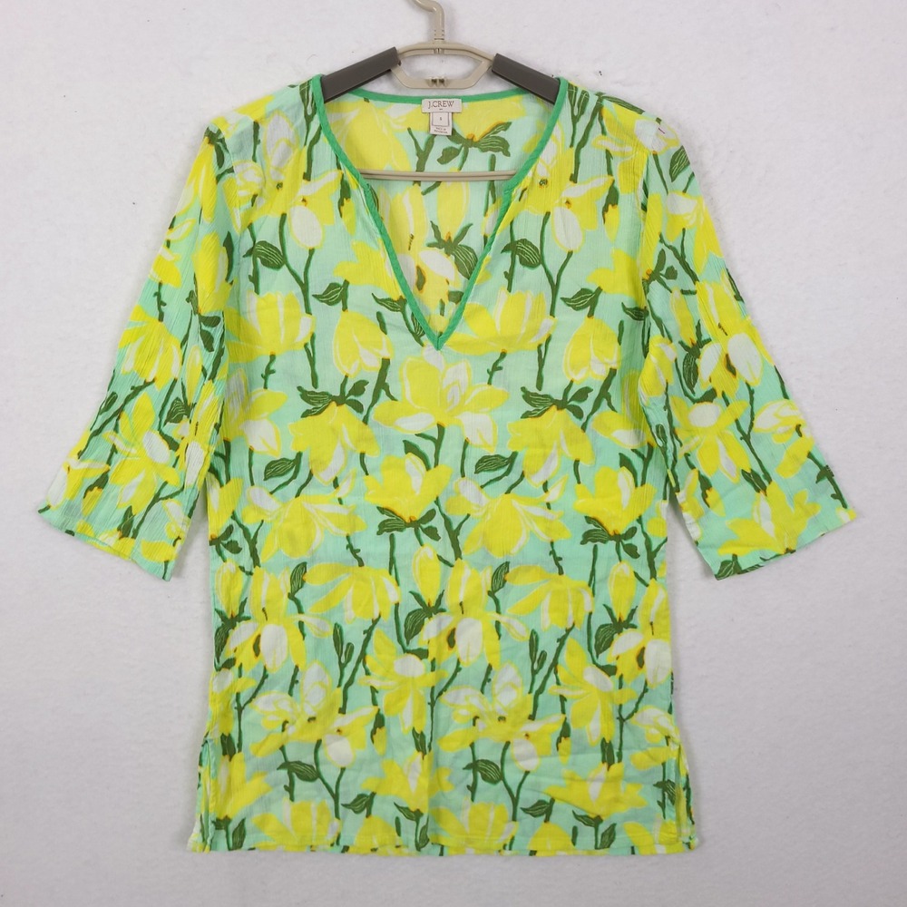 J.Crew Floral Tunic Womens Small Green Yellow Cotton V-Neck 3/4 Sleeve